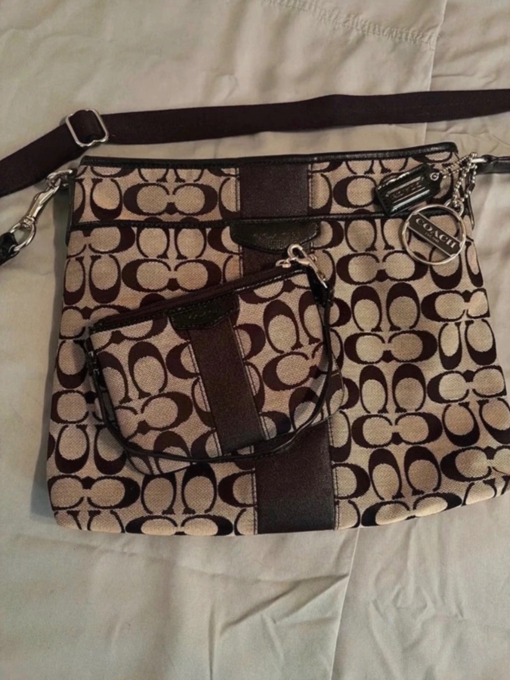 Coach F28502 Signature Stripe Crossbody Bag + Wristlet Set